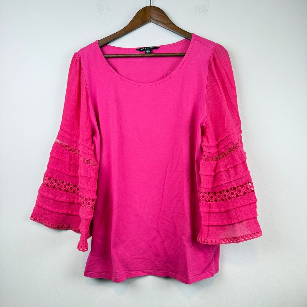Zac & Rachel Womens Crochet Lace Tiered Bell Sleeve Top XL Pink Boho Feminine